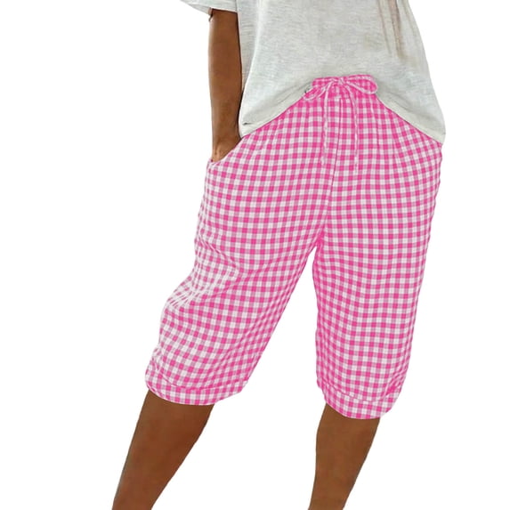 GUACER Women's Capris Fashion Gingham Drawstring Elastic Waisted with Pockets Breathable Relaxed Fit Casual Summer Shorts