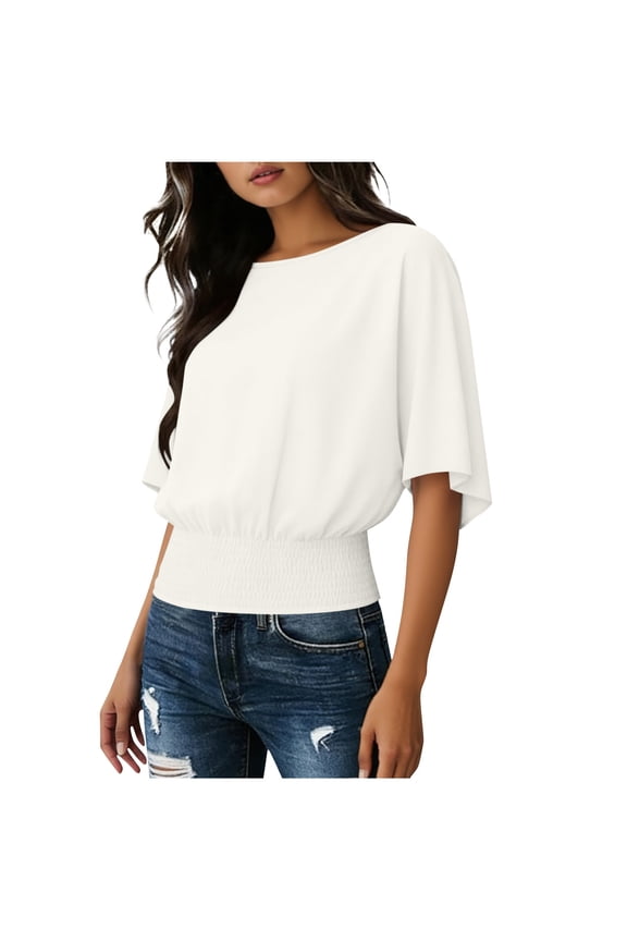 Women's Casual Short Sleeve Tops Round Neck Batwing Sleeve with Pleated Hem Loose Breathable T Shirts
