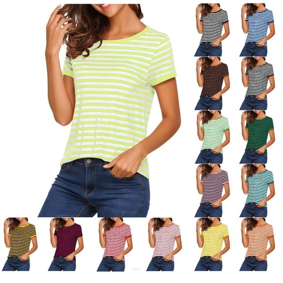 GUACER Women's Casual Striped T-Shirts Short Sleeve Crewneck Basic Summer Tops Everyday Soft Tee Tops