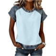 thumbnail image 1 of GUACER Women's Casual Waffle Knit T-Shirt Denim Spliced Short Sleeve Raglan Top Loose Fit Crewneck Color Block Blouse, 1 of 7