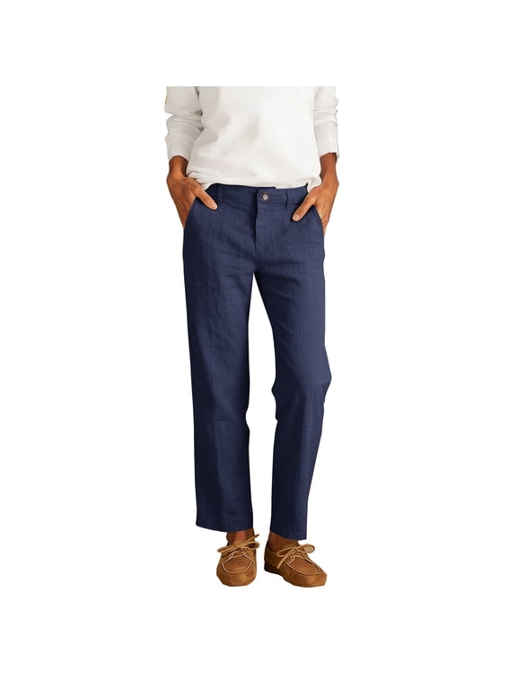 Women's Classic Linen Straight Leg Pants Button Trousers with Pockets Casual Chino Slacks