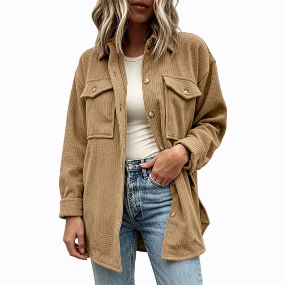 GUACER Women's Corduroy Shirt Jackets Oversized Collared Long Sleeve Button Down Tops with Pockets