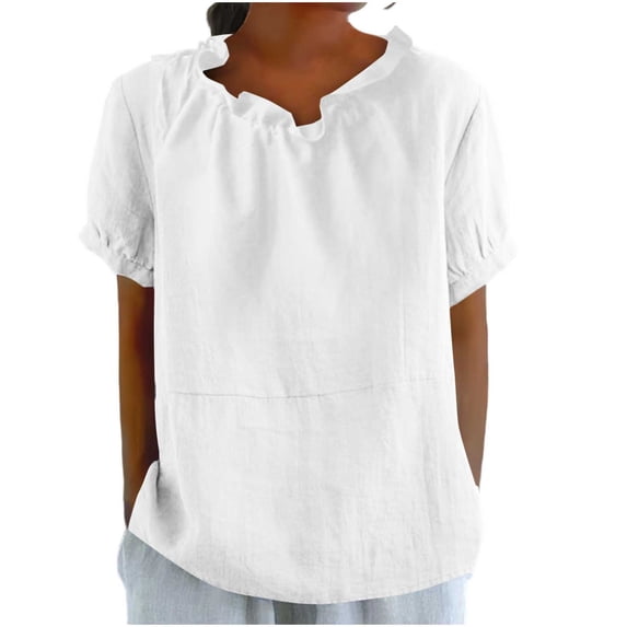 GUACER Women's Cotton Linen Ruffle Neck Short Sleeve Tops Loose Fit Summer Blouses for Casual & Beach