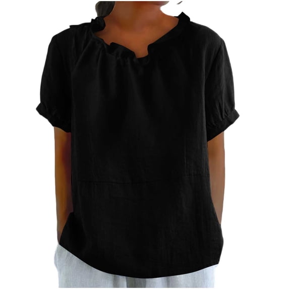GUACER Women's Cotton Linen Ruffle Neck Short Sleeve Tops Loose Fit Summer Blouses for Casual & Beach