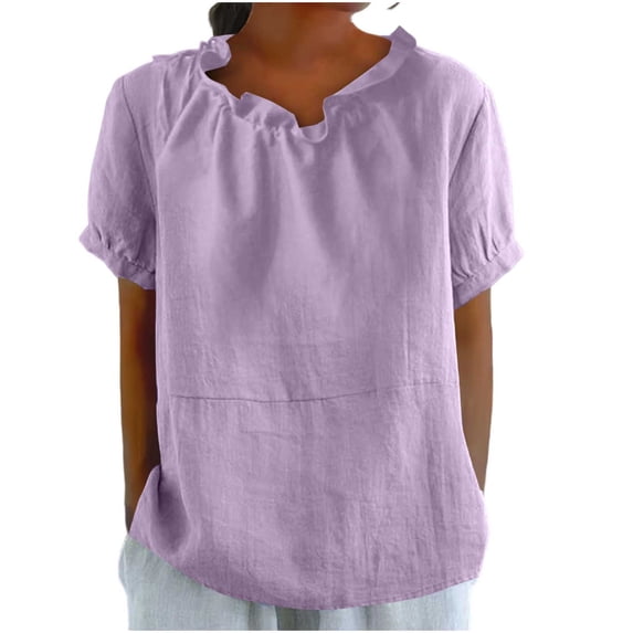 GUACER Women's Cotton Linen Ruffle Neck Short Sleeve Tops Loose Fit Summer Blouses for Casual & Beach