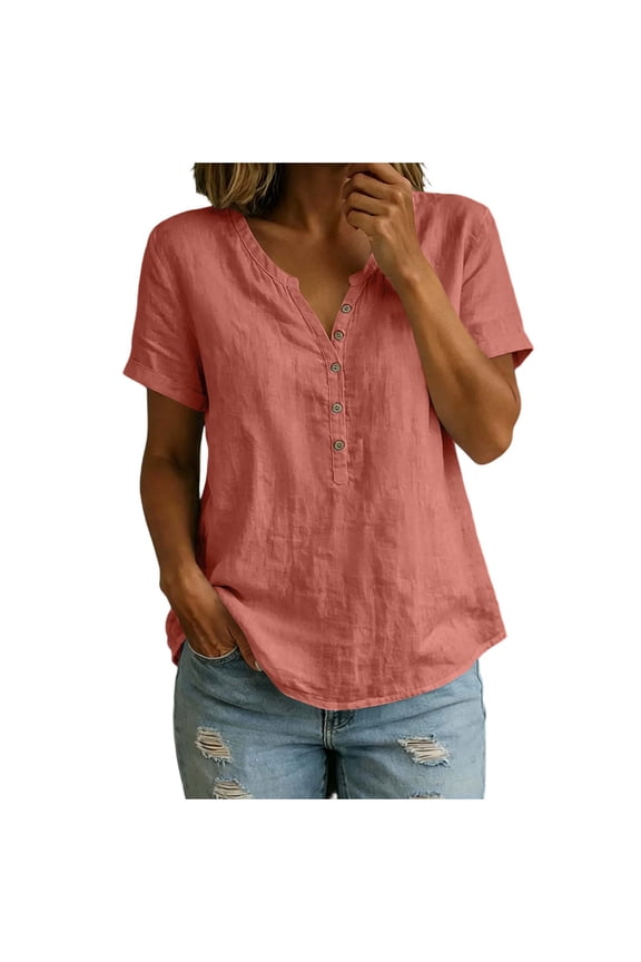 Women's Cotton Linen V-Neck Short Sleeve Button Up Top Relaxed Fit Summer Casual Blouses