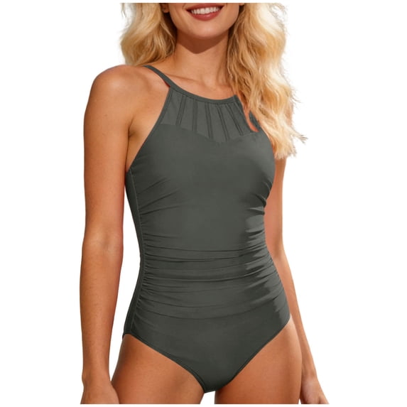 GUACER Women's Crew Neck Ruched One Piece Swimsuit Tummy Control Bathing Suit with Adjustable Straps Backless Pleated Swimwear