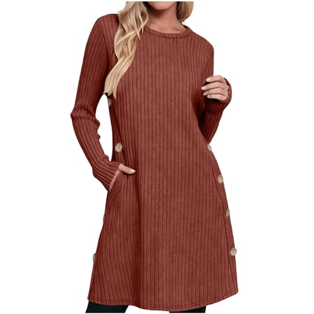 GUACER Women's Crewneck Long Sleeve Dresses with Pockets Ribbed Knit Soft Sweater Mini Dresses for Casual Fall Winter