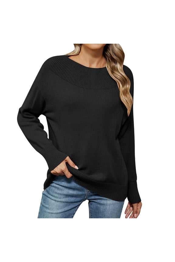 Women's Crewneck Pullover Sweaters Casual Loose Fit Ribbed Knit Long Sleeve Tops