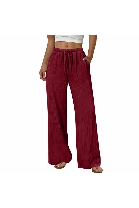 Women's Crinkle Wide Leg Pants Drawstring High Waist with Pockets Flowy Trousers Summer Beach