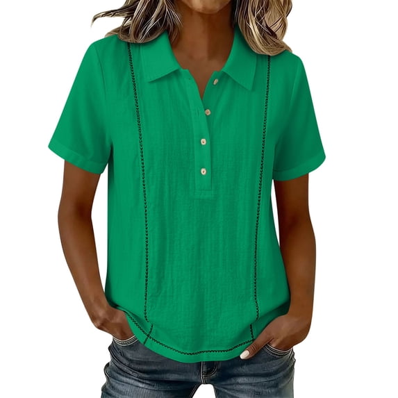 GUACER Women's Embroidered Polo Shirt, Short Sleeve Linen-Blend Collared Top Pintuck Casual Golf & Work Blouse