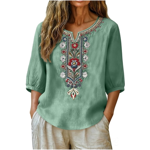 GUACER Women's Embroidered Tops Trendy V Neck 3/4 Sleeve Cotton Linen Loose Fit Boho Blouses Casual Summer Shirts Plus Size