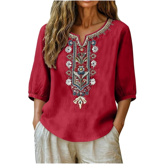 GUACER Women's Embroidered Tops Trendy V Neck 3/4 Sleeve Cotton Linen Loose Fit Boho Blouses Casual Summer Shirts Plus Size