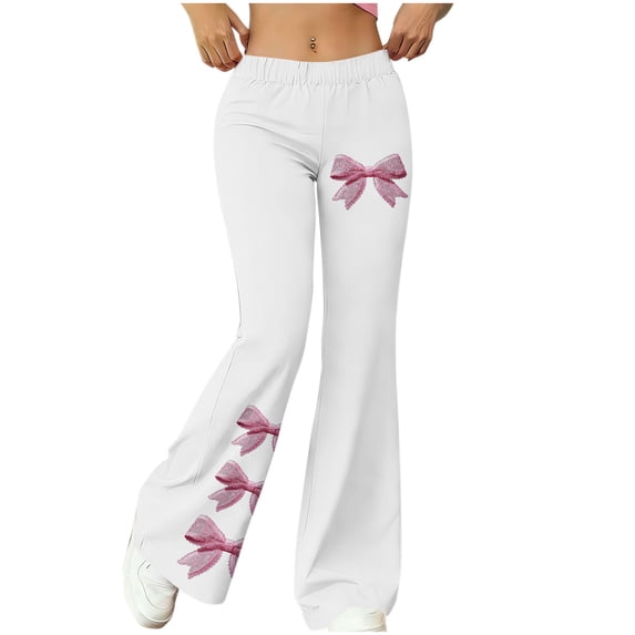 GUACER Women's Fashion Flare Pants Cute Bow Print Casual Streetwear Y2K Wide Leg Trousers with High Elastic Waist