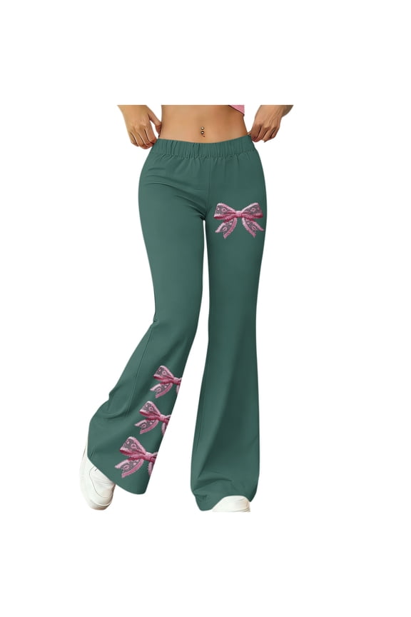 Women's Fashion Flare Pants Cute Bow Print Casual Streetwear Y2K Wide Leg Trousers with High Elastic Waist