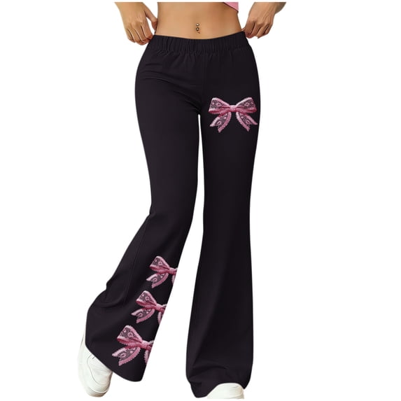 GUACER Women's Fashion Flare Pants Cute Bow Print Casual Streetwear Y2K Wide Leg Trousers with High Elastic Waist