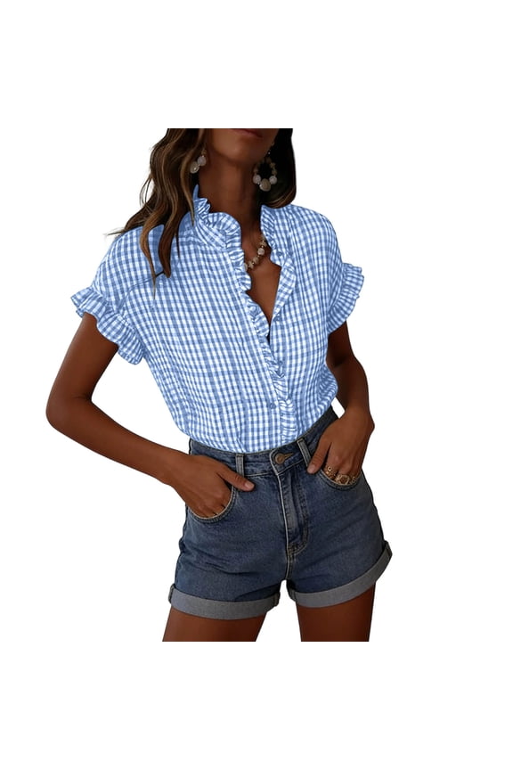 Women's Fashion Gingham Check Short Sleeve Tops V Neck Ruffle Button Down Casual Blouses Summer T Shirts