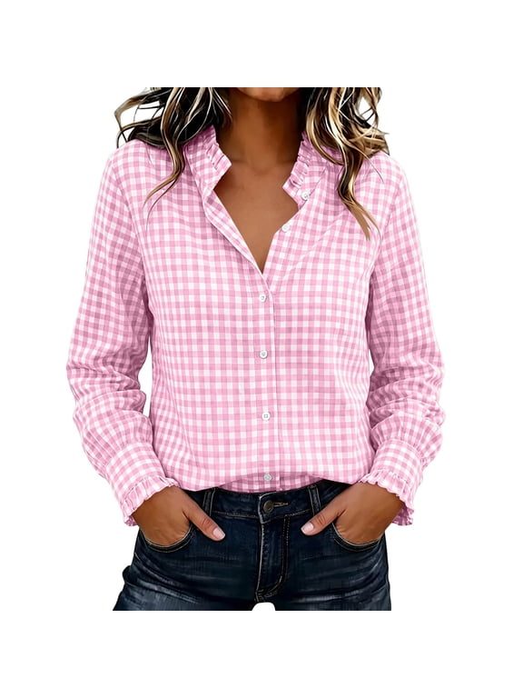 Women's Gingham Plaid Button Down Shirts Elegant Long Sleeve Ruffle Collar Blouses Lightweight Casual Fall Work Tops