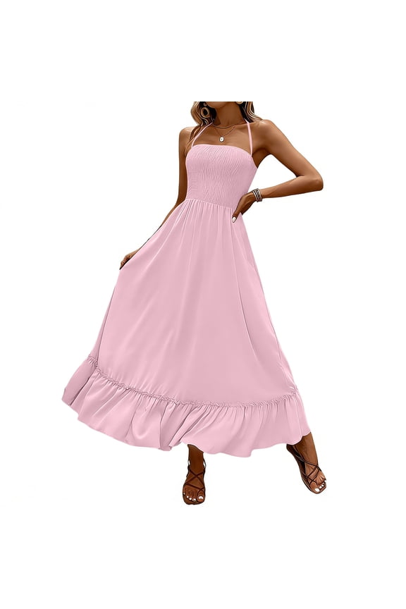 Women's Halter Maxi Dresses Open Back Smocked Bodice Summer Beach Dress Flowy Sleeveless Long Tank Dress