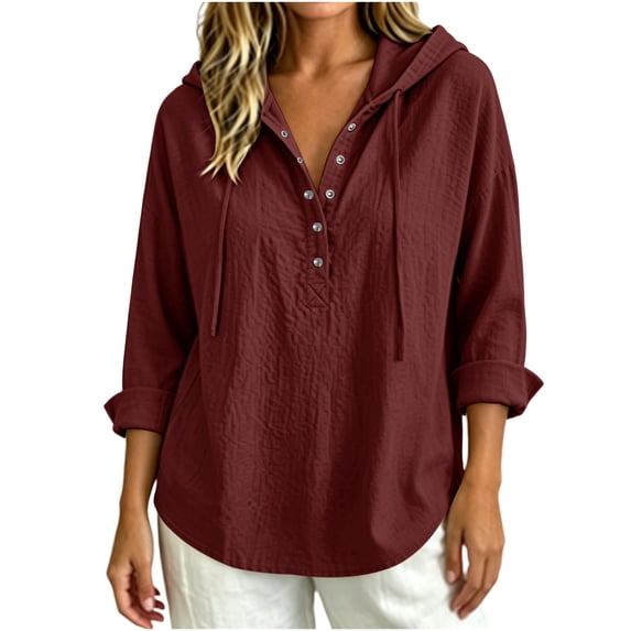 GUACER Women's Hooded Button-Down Tops, Casual Lightweight Cotton-Blend Long Sleeve Collared Shirts