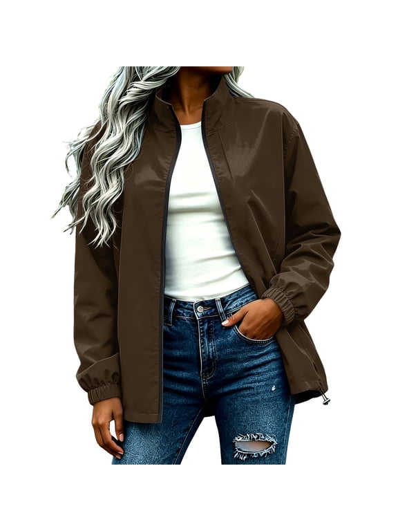 Women's Lightweight Stand Collar Windbreaker Jackets, Casual Solid Zip-Up Bomber Coat with Elastic Cuffs