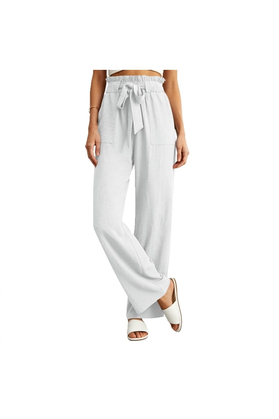 Women's Linen Blend Palazzo Pants Elastic Waist Tie Belt Resort Vacation Trousers with Pockets