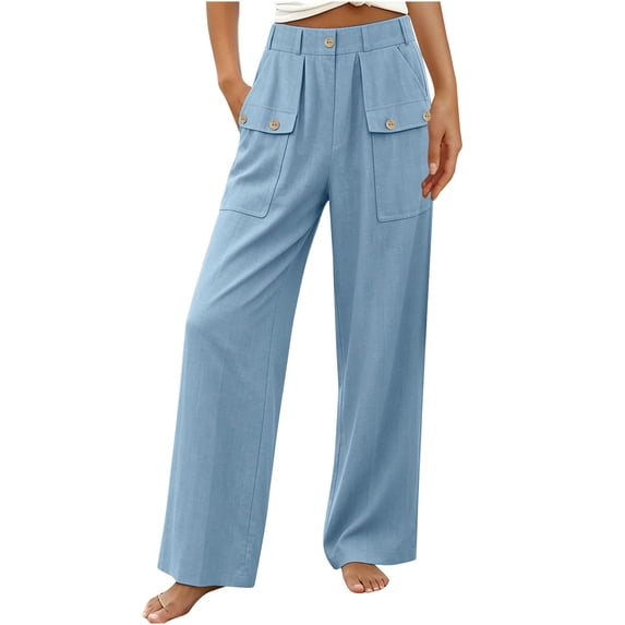 GUACER Women's Linen Blend Pants Button Cargo Pockets High Waist Loose Wide Leg Casual Trousers
