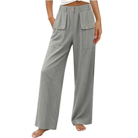 GUACER Women's Linen Blend Pants Button Cargo Pockets High Waist Loose Wide Leg Casual Trousers