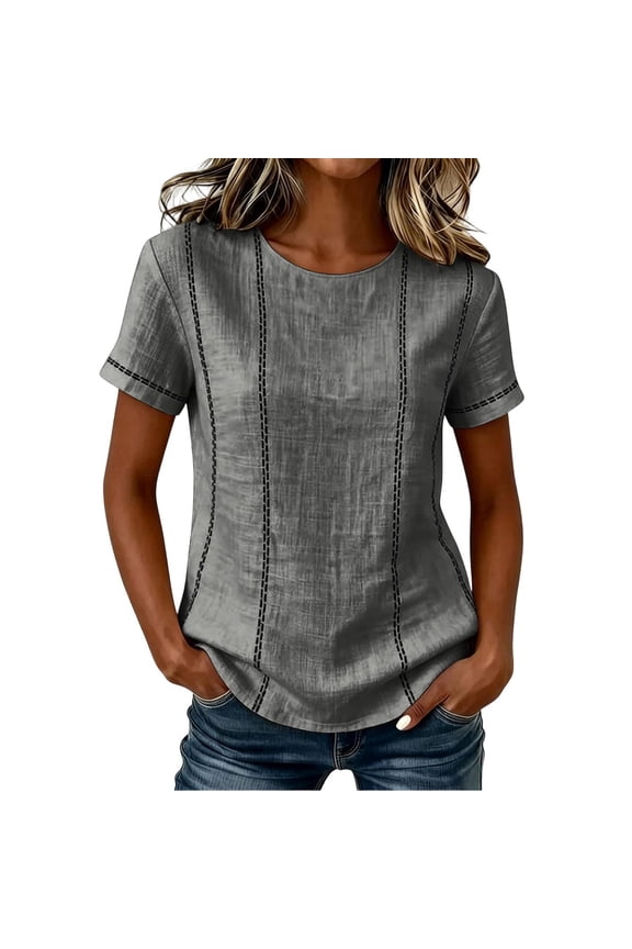 Women's Linen Blend Short Sleeve Top with Vertical Embroidery Detail, Casual Textured Crew Neck Tunic