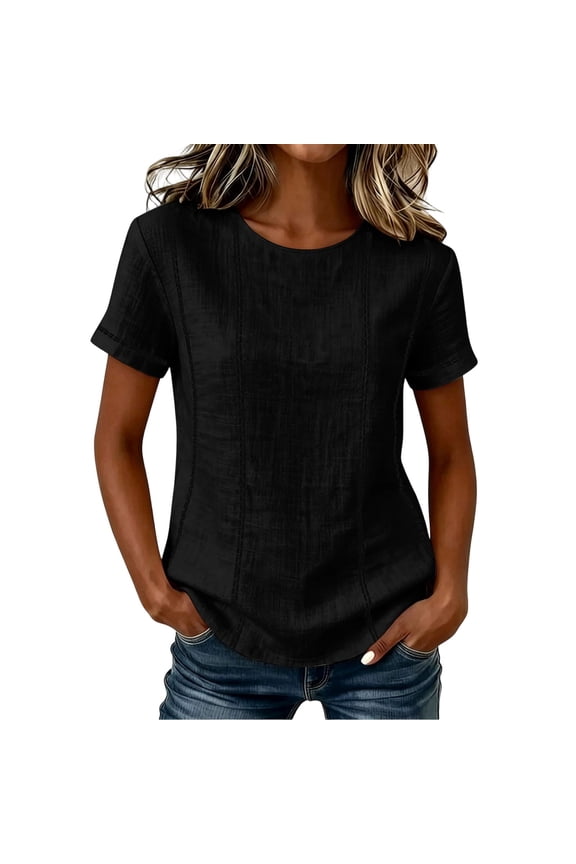 Women's Linen Blend Short Sleeve Top with Vertical Embroidery Detail, Casual Textured Crew Neck Tunic