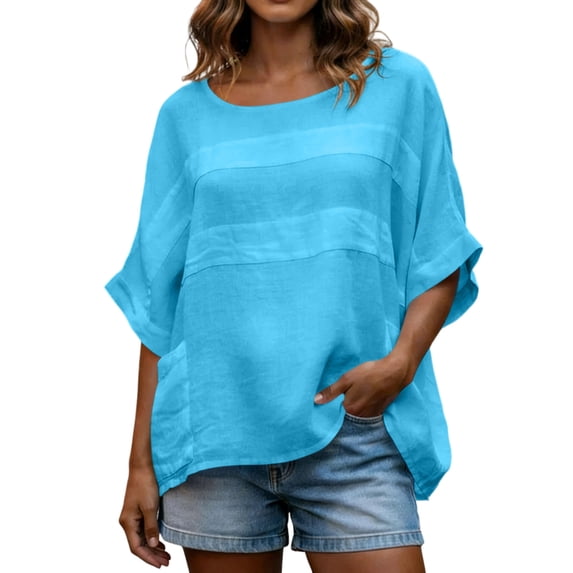 GUACER Women's Linen Long Sleeve Shirts Casual Dolman Sleeve Tops Round Neck Batwing Sleeves Trendy Summer Clothes
