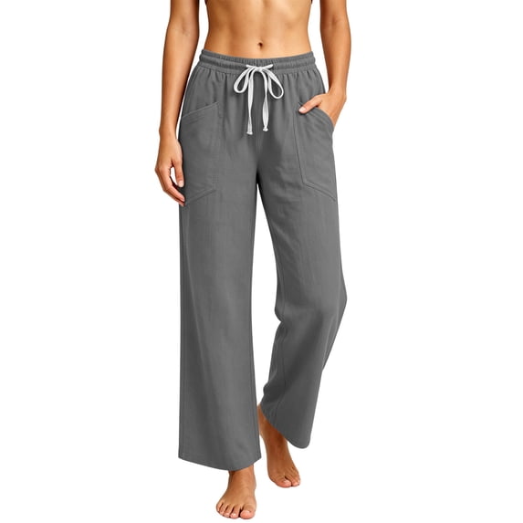 GUACER Women's Linen Lounge Pants - Wide Leg Drawstring Casual Trousers with Deep Pockets for Beach & Home