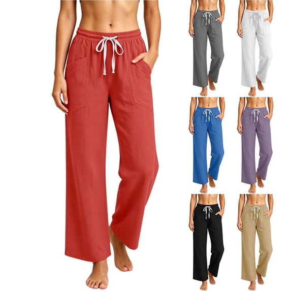 GUACER Women's Linen Lounge Pants - Wide Leg Drawstring Casual Trousers with Deep Pockets for Beach & Home