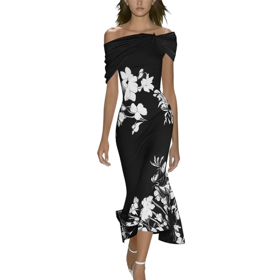 GUACER Women's Off Shoulder Wedding Guest Dresses Floral Print Midi Dress Elegant Ruched Cocktail Party Asymmetrical Evening Outfits