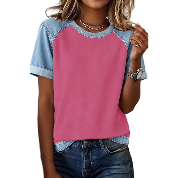 GUACER Women's Raglan Short Sleeve Tops Fashion Denim Splice Round Neck T Shirts Loose Fit Casual Blouses for Ladies