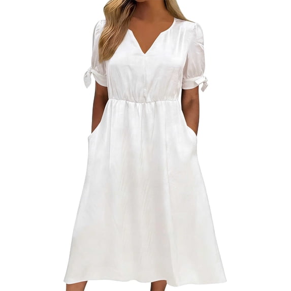 GUACER Women's Satin V-Neck Midi Dress with Pockets Short Sleeve Elegant Party Wedding Guest Dresses