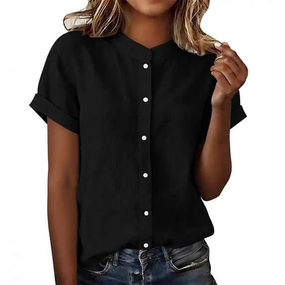 GUACER Women's Short Sleeve Button Down Shirts Linen Stand Collar Loose Fit Casual Blouses Tops