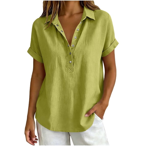GUACER Women's Short Sleeve Cotton Linen Shirt Button Down Collared Blouse, Breathable Summer Top