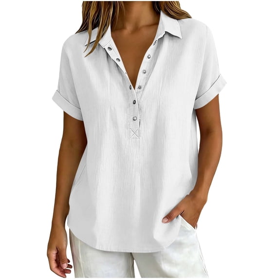 GUACER Women's Short Sleeve Cotton Linen Shirt Button Down Collared Blouse, Breathable Summer Top