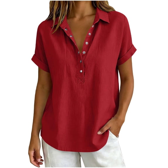 GUACER Women's Short Sleeve Cotton Linen Shirt Button Down Collared Blouse, Breathable Summer Top