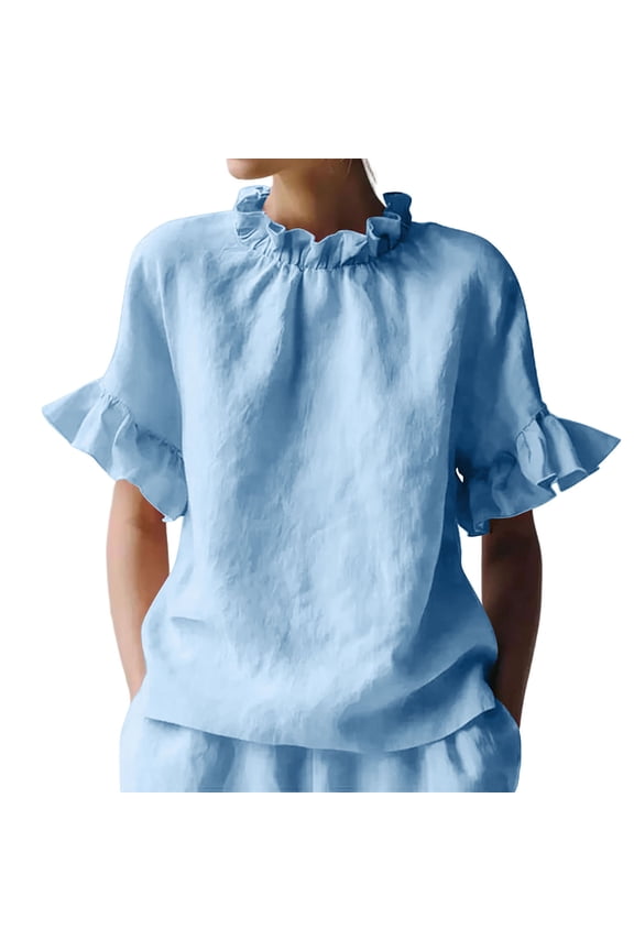 Women's Short Sleeve Ruffle Neck Tops Flowy Flutter Sleeve Cotton Linen Blouses Casual Solid Color Summer Shirts