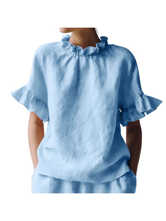Women's Short Sleeve Ruffle Neck Tops Flowy Flutter Sleeve Cotton Linen Blouses Casual Solid Color Summer Shirts