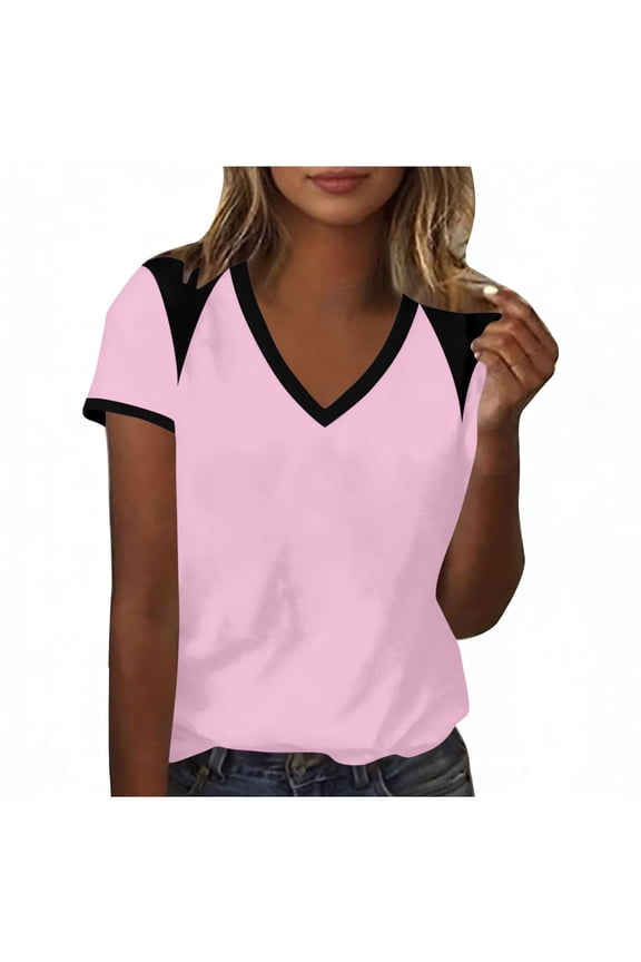 Women's Short Sleeve V Neck T Shirts Color Block Trendy Tee Tops Loose Fit Casual Summer Blouses