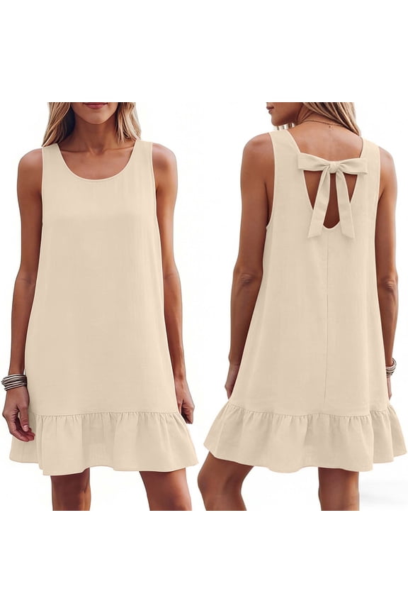 Women's Sleeveless Summer Dress with Back Bow Tie Round Neck Ruffle Hem Loose A-Line Casual Mini Dresses