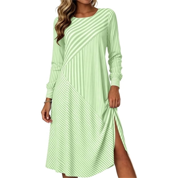 GUACER Women's Striped Midi Dresses Side Slit Knit Long Sleeve Round Neck Loose Casual Dresses for Vacation Lounge Gift