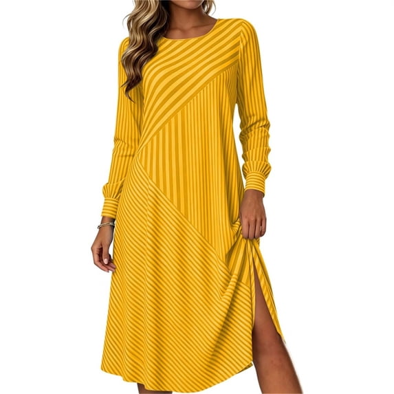 GUACER Women's Striped Midi Dresses Side Slit Knit Long Sleeve Round Neck Loose Casual Dresses for Vacation Lounge Gift
