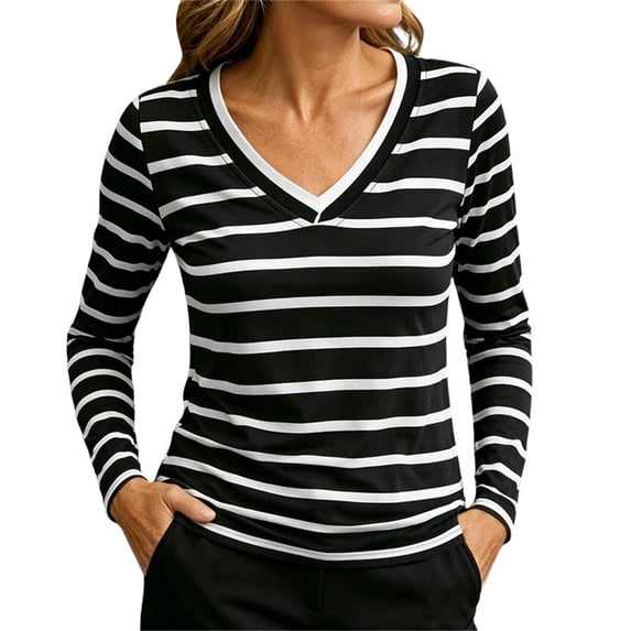 GUACER Women's Striped V-Neck Long Sleeve Tee Classic Fit Soft Jersey Knit Everyday Casual Tops