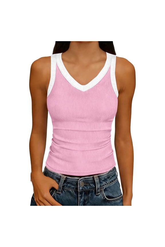Women's Tank Tops Casual V Neck Ribbed Color Block Slim Fit Sleeveless Blouses