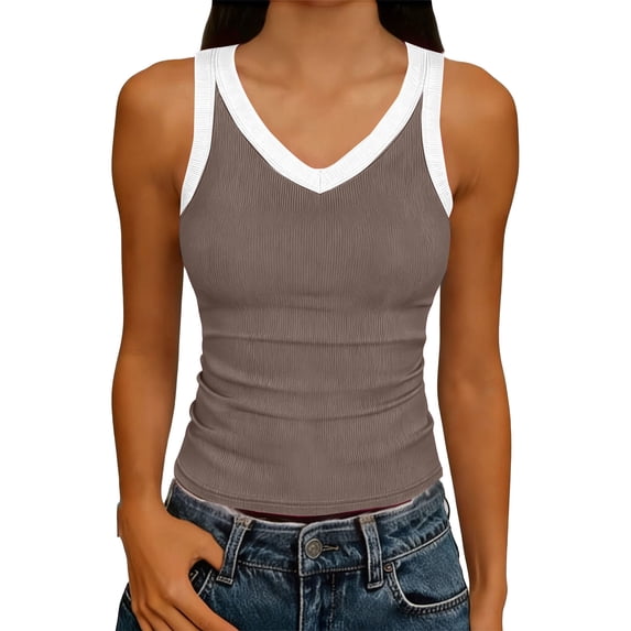 GUACER Women's Tank Tops Casual V Neck Ribbed Color Block Slim Fit Sleeveless Blouses