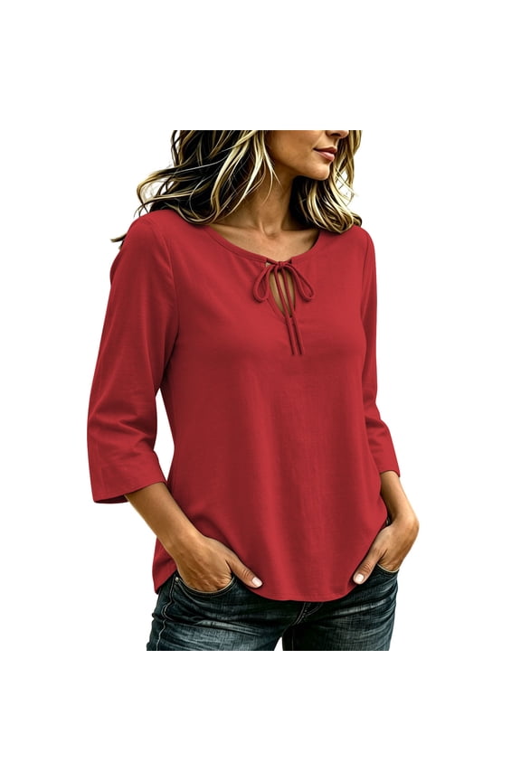 Women's Tie Neck Keyhole Blouses 3/4 Sleeve Pullover Lightweight Tunic Top for Work, Casual & Daily Wear